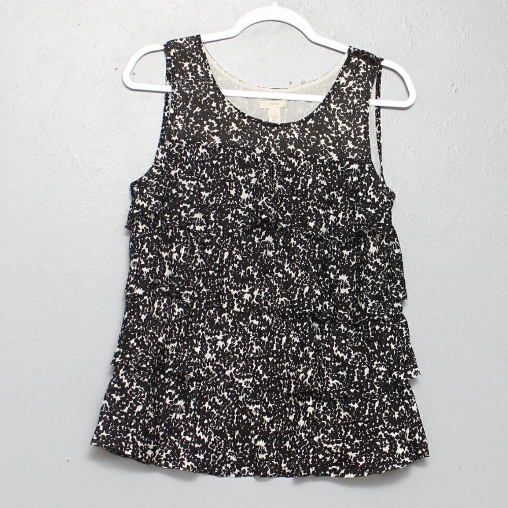 J crew black and white tiered ruffle sleeveless silk blouse